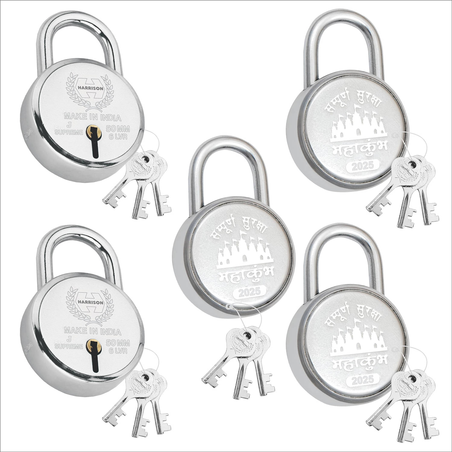 Harrison Padlocks Mahakumbh Special 5 Padlock Set J-SUPREME-50MM with 15 Keys/Mild Steel Material/Bright Chrome Plated Finish/Door Lock, Shutter Lock, Godown Lock-0676 Harrison Padlocks Mahakumbh Special 5 Padlock Set J-SUPREME-50MM with 15 Keys/Mild Steel Material/Bright Chrome Plated Finish/Door Lock, Shutter Lock, Godown Lock-0676