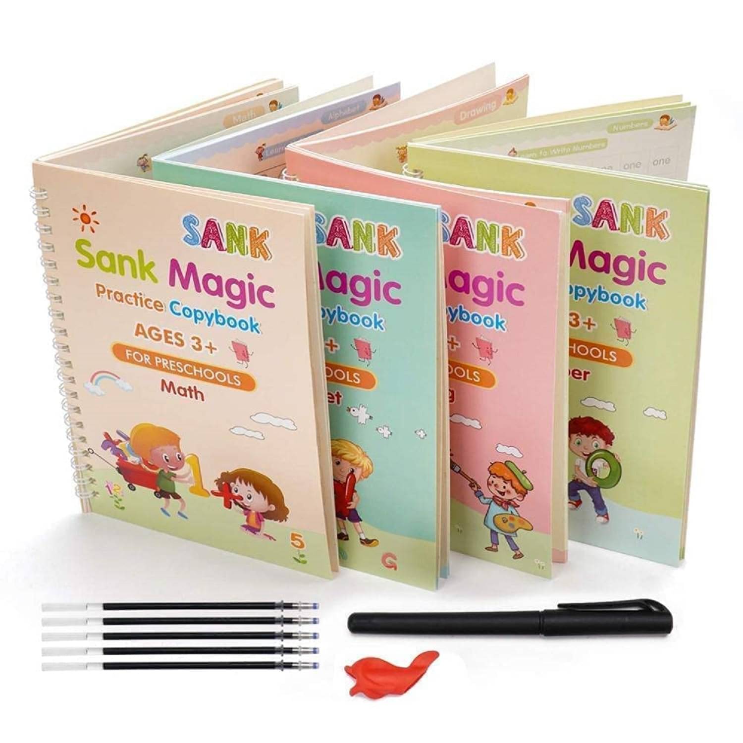     			Sank Magic Practice Copybook, Number Tracing Book for Preschoolers with Pen, Magic Calligraphy Copybook Set Practical Reusable Writing Tool Simple Hand Lettering (4 BOOK + 5 REFILL+ 1 Pen +1 Grip)