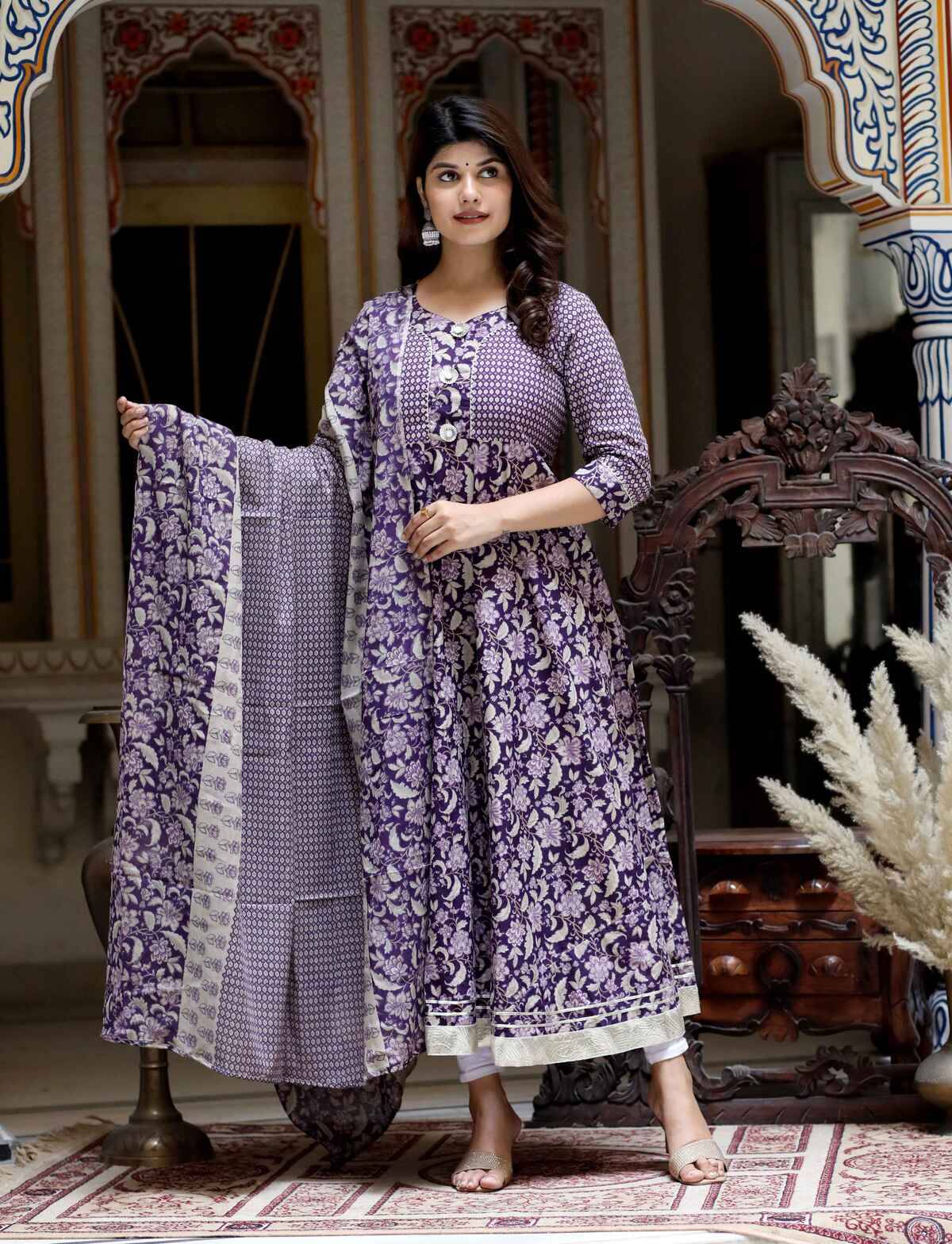     			miravan Pack of 1 Cotton Printed Anarkali Women's Kurti - ( Purple )