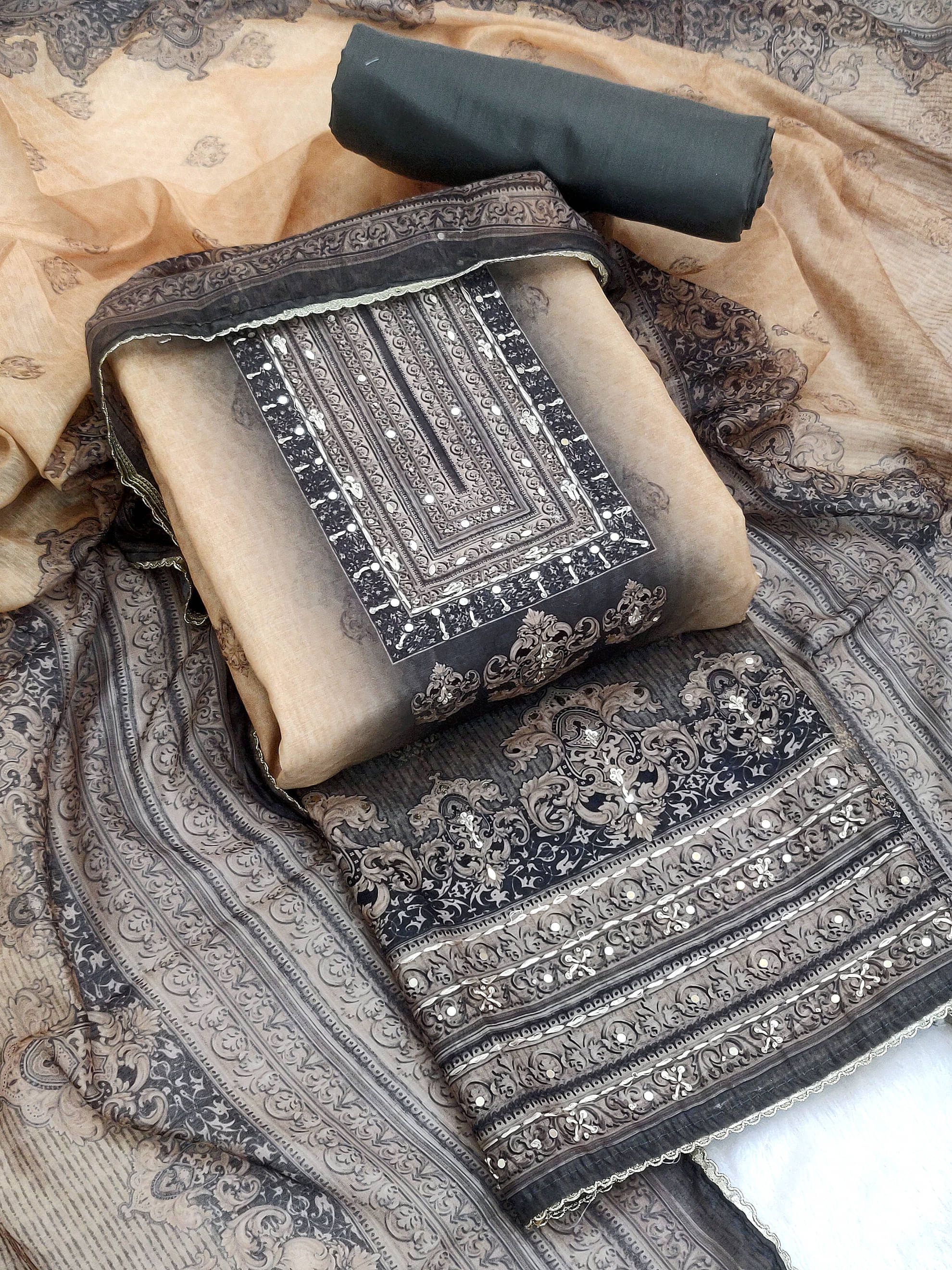 tavas Unstitched Chanderi Embellished Dress Material - Coffee ( Pack of 1 ) tavas Unstitched Chanderi Embellished Dress Material - Coffee ( Pack of 1 )