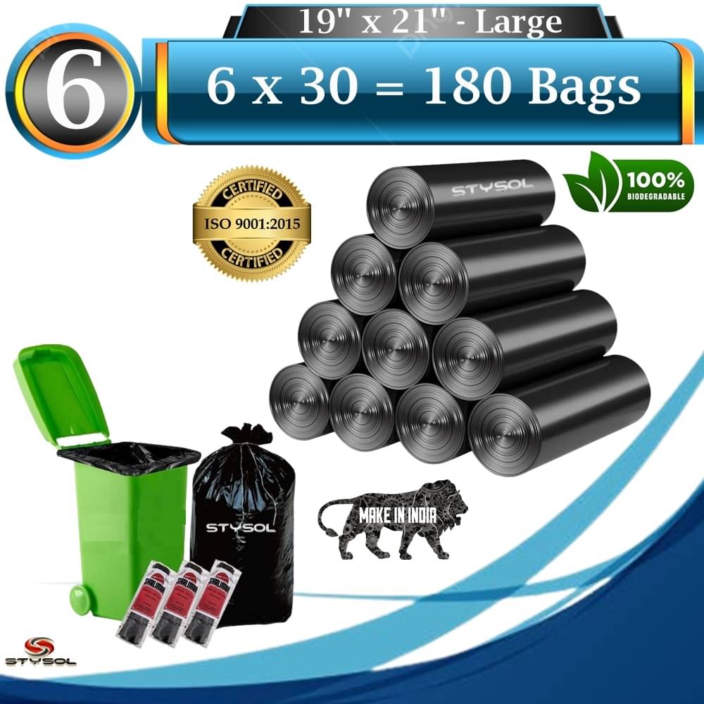 180 Bags (6 Rolls) Premium Biodegradable Garbage Bags 19 X 21 Inches (Medium Size) Dustbin Bag/Trash Bag - Black Color 180 Bags (6 Rolls) Premium Biodegradable Garbage Bags 19 X 21 Inches (Medium Size) Dustbin Bag/Trash Bag - Black Color