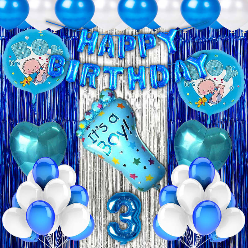 CRAZYKART Baby Foot Theme Third 3rd Birthday Decoration Items For Boys Party Decoration Kit Balloon Combo Pack Of 40 Pcs Blue     			CRAZYKART Baby Foot Theme Third 3rd Birthday Decoration Items For Boys Party Decoration Kit Balloon Combo Pack Of 40 Pcs Blue