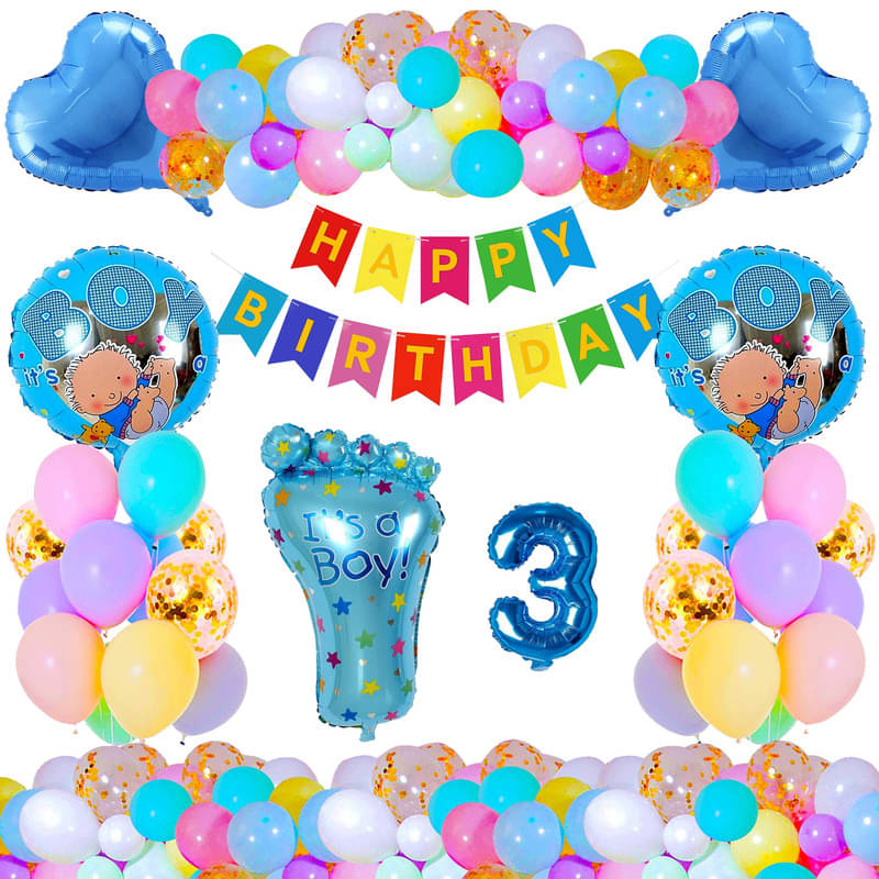     			CRAZYKART Baby Foot Theme Third 3rd Birthday Decoration Items For Boys Party Decoration Kit Balloon Combo Pack Of 37 Pcs Blue