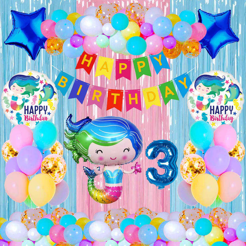     			CRAZYKART Baby Mermaid Theme Third 3rd Birthday Decoration Items For Girls Party Decoration Kit Balloon Combo Pack Of 40 Pcs Blue