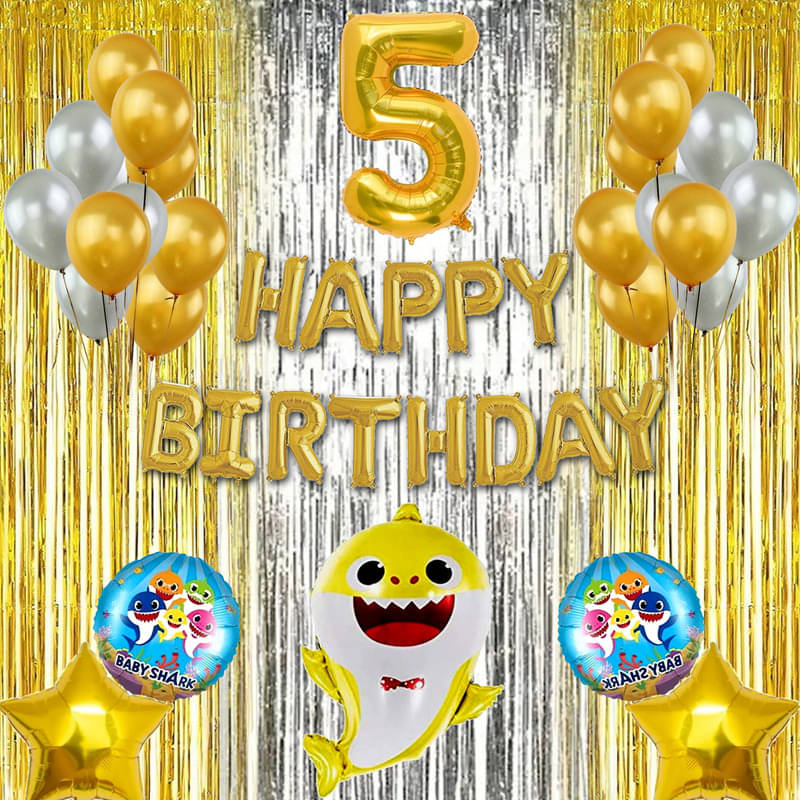 CRAZYKART Baby Shark Theme Fifth 5th Birthday Decoration Items For Boys Party Decoration Kit Balloon Combo Pack Of 40 Pcs Gold CRAZYKART Baby Shark Theme Fifth 5th Birthday Decoration Items For Boys Party Decoration Kit Balloon Combo Pack Of 40 Pcs Gold