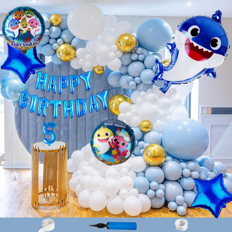 CRAZYKART Baby Shark Theme Fifth 5th Birthday Decoration Items For Boys Party Decoration Kit Balloon Combo Pack Of 135 Pcs Blue     			CRAZYKART Baby Shark Theme Fifth 5th Birthday Decoration Items For Boys Party Decoration Kit Balloon Combo Pack Of 135 Pcs Blue