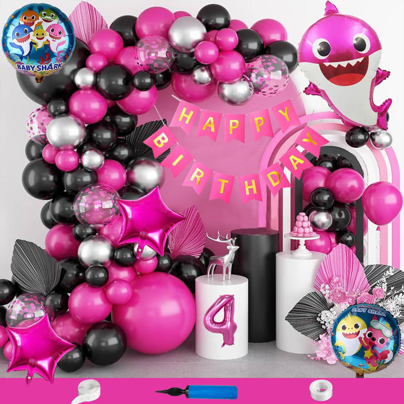 CRAZYKART Baby Shark Theme Fourth 4th Birthday Decoration Items For Girls Party Decoration Kit Balloon Combo Pack Of 90 Pcs Pink     			CRAZYKART Baby Shark Theme Fourth 4th Birthday Decoration Items For Girls Party Decoration Kit Balloon Combo Pack Of 90 Pcs Pink
