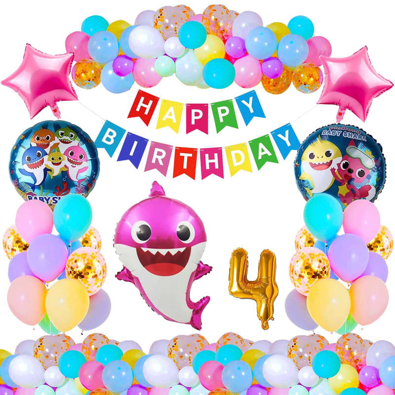     			CRAZYKART Baby Shark Theme Fourth 4th Birthday Decoration Items For Girls Party Decoration Kit Balloon Combo Pack Of 37 Pcs Pink