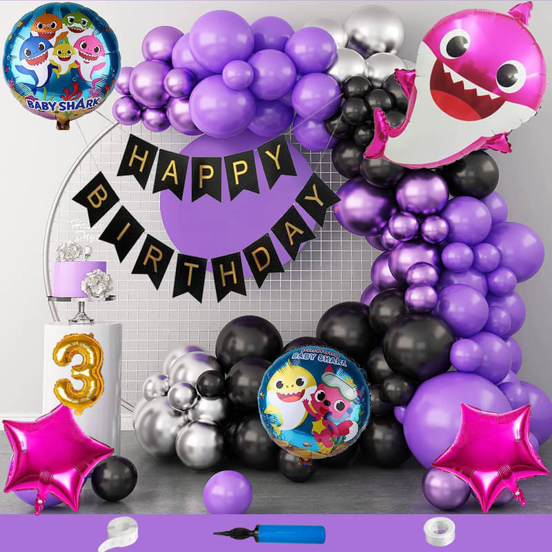     			CRAZYKART Baby Shark Theme Third 3rd Birthday Decoration Items For Girls Party Decoration Kit Balloon Combo Pack Of 110 Pcs Purple