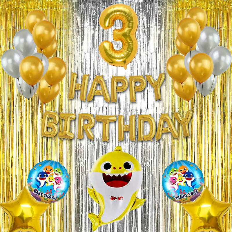CRAZYKART Baby Shark Theme Third 3rd Birthday Decoration Items For Boys Party Decoration Kit Balloon Combo Pack Of 40 Pcs Gold     			CRAZYKART Baby Shark Theme Third 3rd Birthday Decoration Items For Boys Party Decoration Kit Balloon Combo Pack Of 40 Pcs Gold