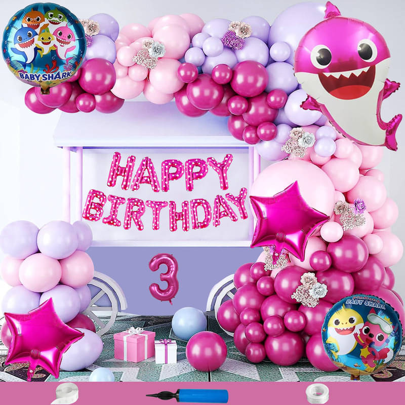 CRAZYKART Baby Shark Theme Third 3rd Birthday Decoration Items For Girls Party Decoration Kit Balloon Combo Pack Of 85 Pcs Pink     			CRAZYKART Baby Shark Theme Third 3rd Birthday Decoration Items For Girls Party Decoration Kit Balloon Combo Pack Of 85 Pcs Pink