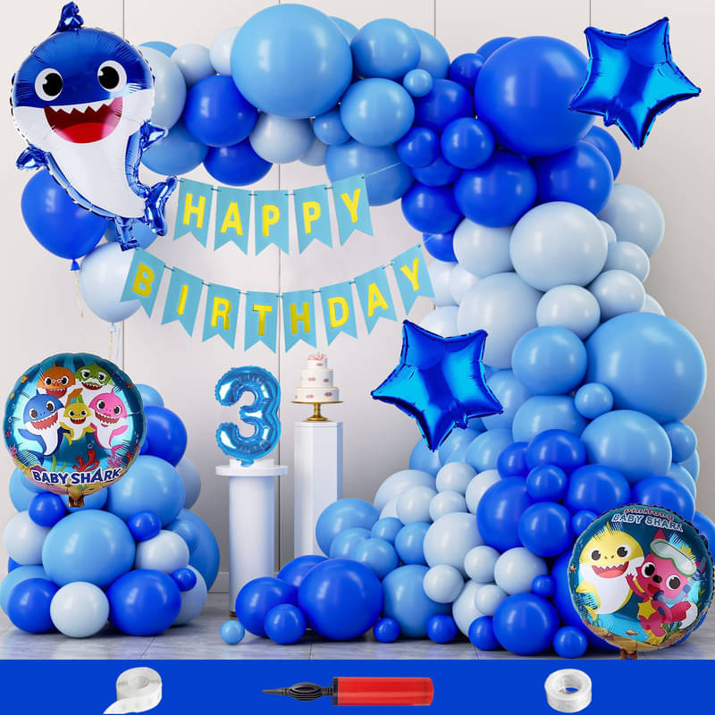 CRAZYKART Baby Shark Theme Third 3rd Birthday Decoration Items For Boys Party Decoration Kit Balloon Combo Pack Of 110 Pcs Blue CRAZYKART Baby Shark Theme Third 3rd Birthday Decoration Items For Boys Party Decoration Kit Balloon Combo Pack Of 110 Pcs Blue