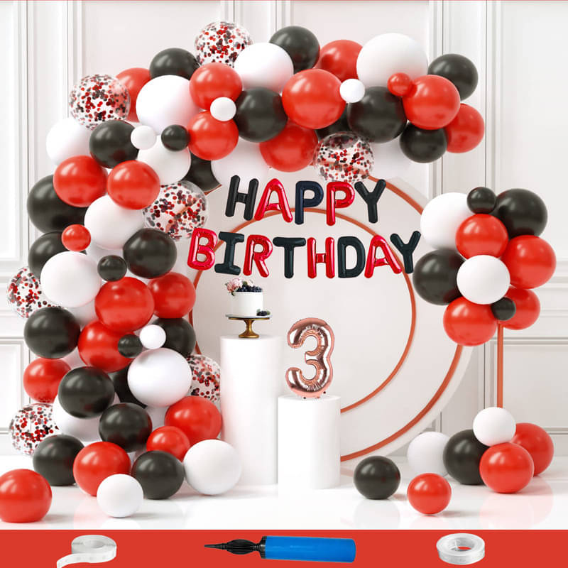     			CRAZYKART Balloon Theme Third 3rd Birthday Decoration Items For Girls Party Decoration Kit Balloon Combo Pack Of 85 Pcs Red