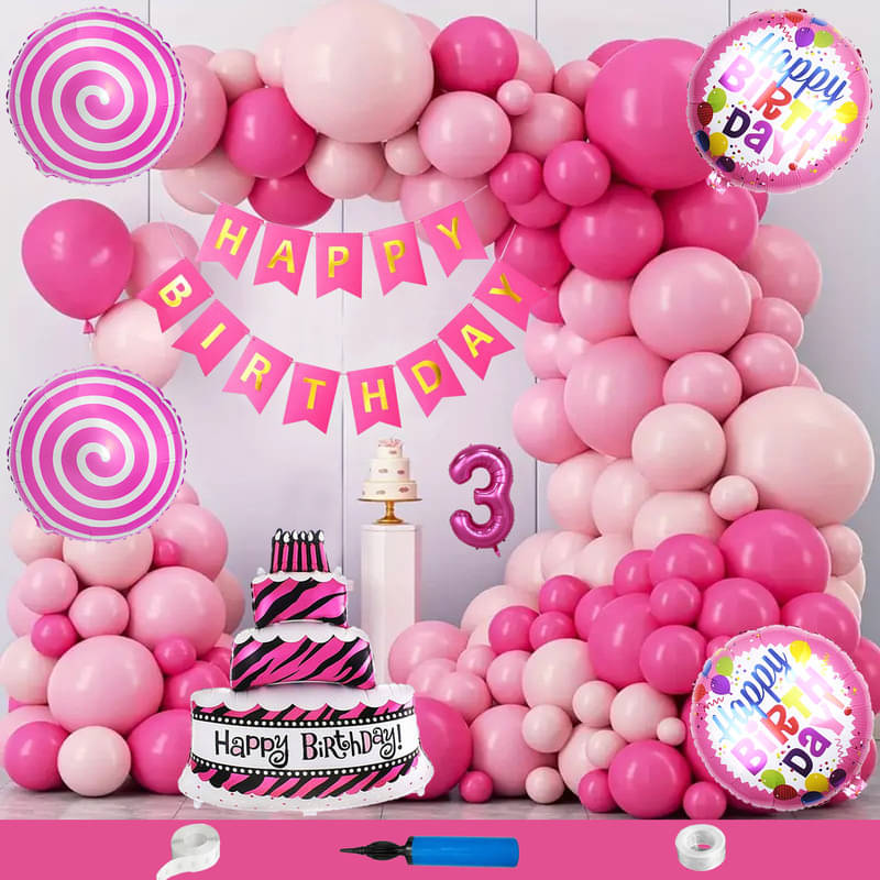 CRAZYKART Cake Theme Third 3rd Birthday Decoration Items For Girls Party Decoration Kit Balloon Combo Pack Of 110 Pcs Pink CRAZYKART Cake Theme Third 3rd Birthday Decoration Items For Girls Party Decoration Kit Balloon Combo Pack Of 110 Pcs Pink