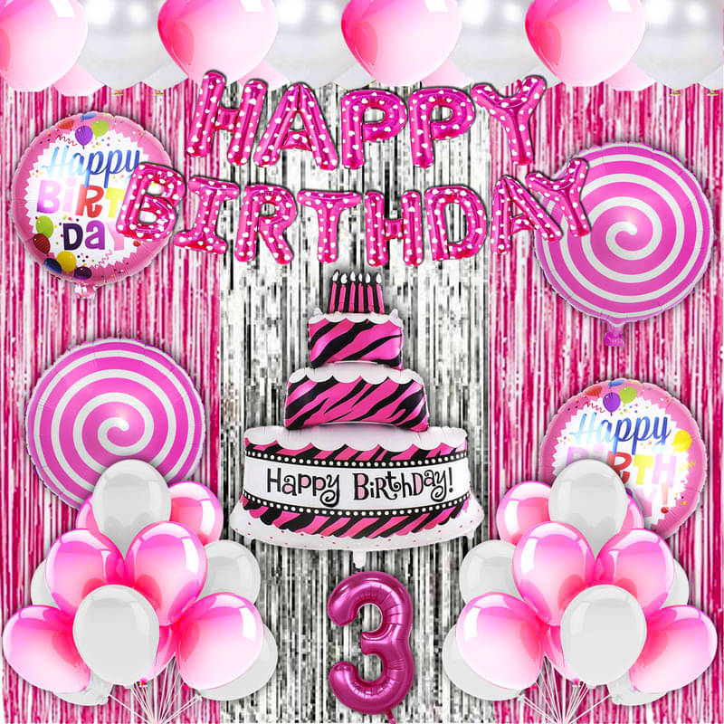     			CRAZYKART Cake Theme Third 3rd Birthday Decoration Items For Girls Party Decoration Kit Balloon Combo Pack Of 40 Pcs Pink