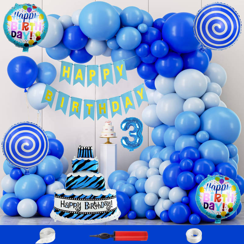     			CRAZYKART Cake Theme Third 3rd Birthday Decoration Items For Boys Party Decoration Kit Balloon Combo Pack Of 110 Pcs Blue