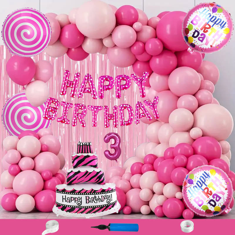 CRAZYKART Cake Theme Third 3rd Birthday Decoration Items For Girls Party Decoration Kit Balloon Combo Pack Of 112 Pcs Pink CRAZYKART Cake Theme Third 3rd Birthday Decoration Items For Girls Party Decoration Kit Balloon Combo Pack Of 112 Pcs Pink