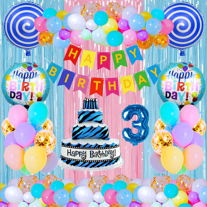     			CRAZYKART Cake Theme Third 3rd Birthday Decoration Items For Boys Party Decoration Kit Balloon Combo Pack Of 40 Pcs Blue