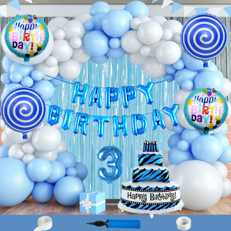 CRAZYKART Cake Theme Third 3rd Birthday Decoration Items For Boys Party Decoration Kit Balloon Combo Pack Of 112 Pcs Blue     			CRAZYKART Cake Theme Third 3rd Birthday Decoration Items For Boys Party Decoration Kit Balloon Combo Pack Of 112 Pcs Blue