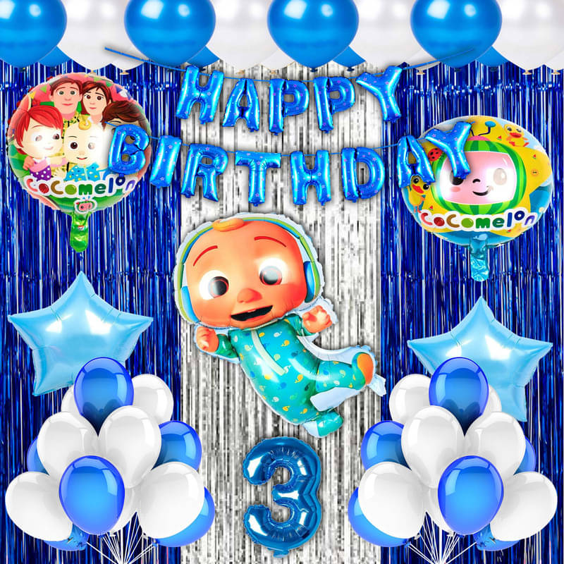 CRAZYKART Cocomelon Theme Third 3rd Birthday Decoration Items For Boys Party Decoration Kit Balloon Combo Pack Of 40 Pcs Blue CRAZYKART Cocomelon Theme Third 3rd Birthday Decoration Items For Boys Party Decoration Kit Balloon Combo Pack Of 40 Pcs Blue