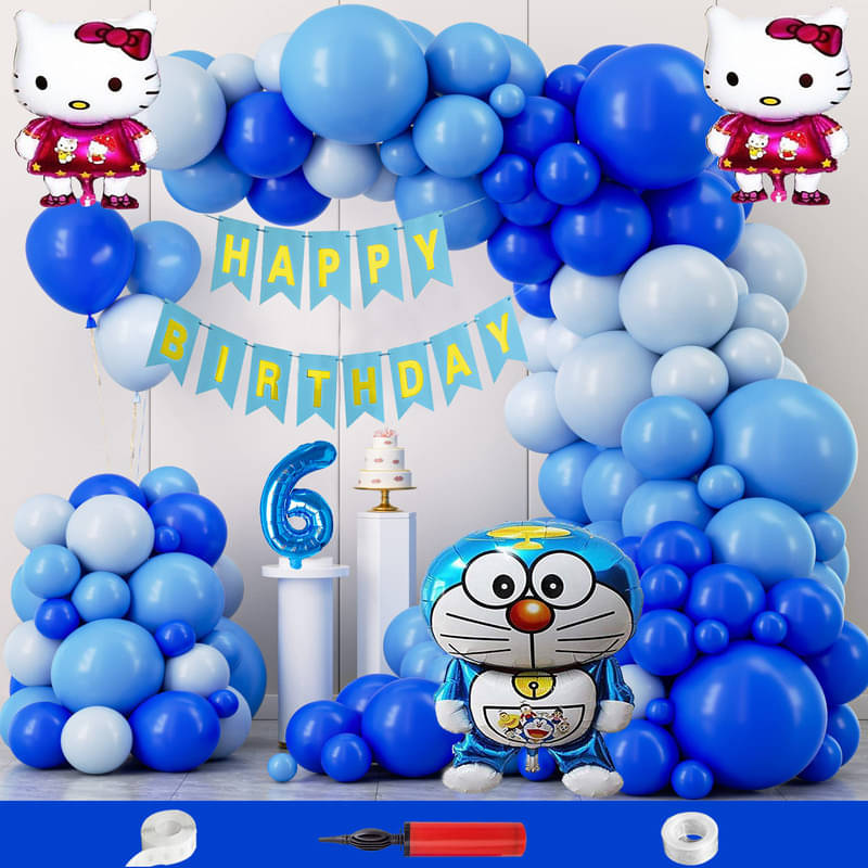 CRAZYKART Doraemon Hello Kitty Theme Sixth 6th Birthday Decoration Items For Boys Party Decoration Kit Balloon Combo Pack Of 108 Pcs Blue     			CRAZYKART Doraemon Hello Kitty Theme Sixth 6th Birthday Decoration Items For Boys Party Decoration Kit Balloon Combo Pack Of 108 Pcs Blue