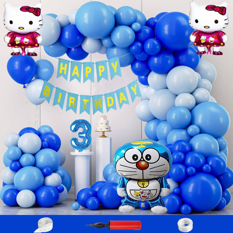 CRAZYKART Doraemon Hello Kitty Theme Third 3rd Birthday Decoration Items For Boys Party Decoration Kit Balloon Combo Pack Of 108 Pcs Blue     			CRAZYKART Doraemon Hello Kitty Theme Third 3rd Birthday Decoration Items For Boys Party Decoration Kit Balloon Combo Pack Of 108 Pcs Blue