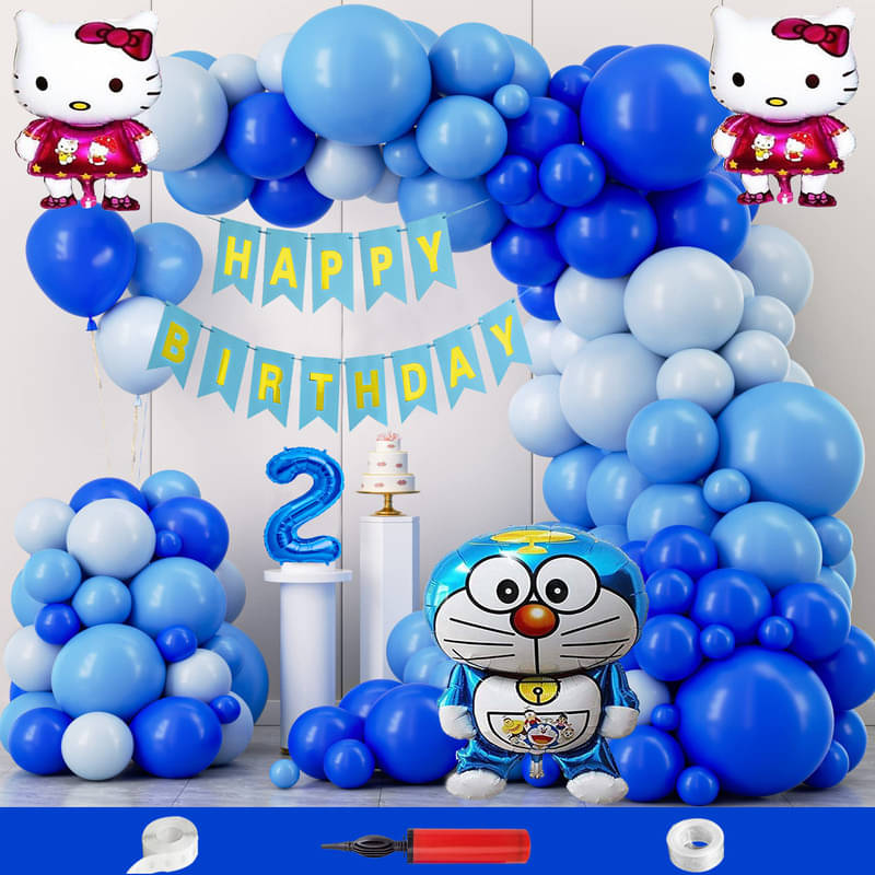 CRAZYKART Doraemon Hello Kitty Theme Second 2nd Birthday Decoration Items For Boys Party Decoration Kit Balloon Combo Pack Of 108 Pcs Blue     			CRAZYKART Doraemon Hello Kitty Theme Second 2nd Birthday Decoration Items For Boys Party Decoration Kit Balloon Combo Pack Of 108 Pcs Blue
