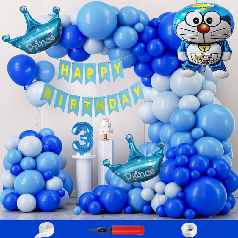 CRAZYKART Doraemon Prince Crown Theme Third 3rd Birthday Decoration Items For Boys Party Decoration Kit Balloon Combo Pack Of 108 Pcs Blue     			CRAZYKART Doraemon Prince Crown Theme Third 3rd Birthday Decoration Items For Boys Party Decoration Kit Balloon Combo Pack Of 108 Pcs Blue