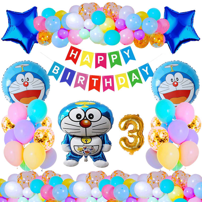     			CRAZYKART Doraemon Theme Third 3rd Birthday Decoration Items For Boys Party Decoration Kit Balloon Combo Pack Of 37 Pcs Blue