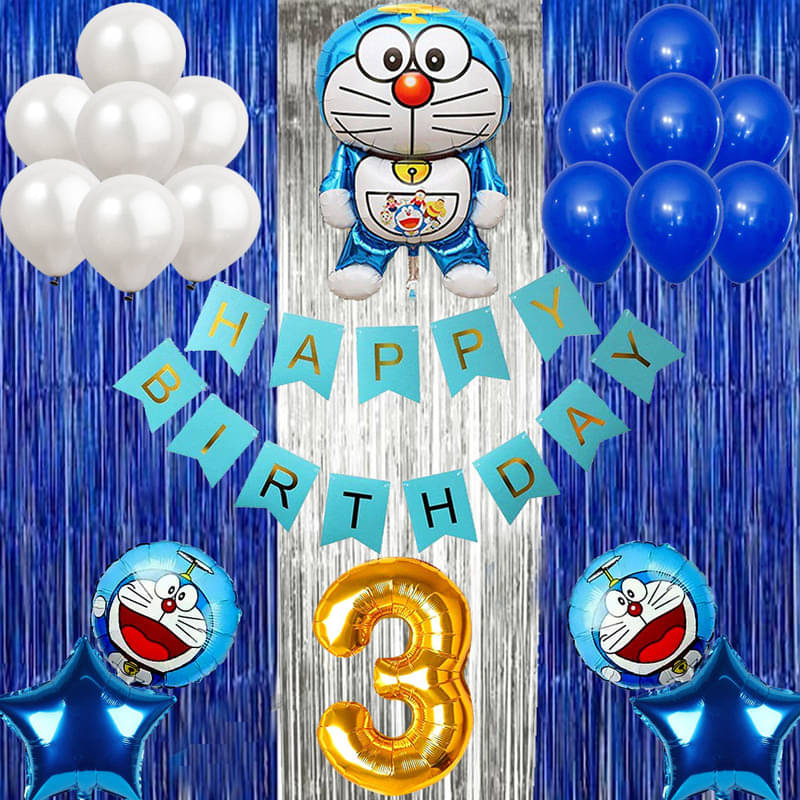 CRAZYKART Doraemon Theme Third 3rd Birthday Decoration Items For Boys Party Decoration Kit Balloon Combo Pack Of 40 Pcs Blue     			CRAZYKART Doraemon Theme Third 3rd Birthday Decoration Items For Boys Party Decoration Kit Balloon Combo Pack Of 40 Pcs Blue
