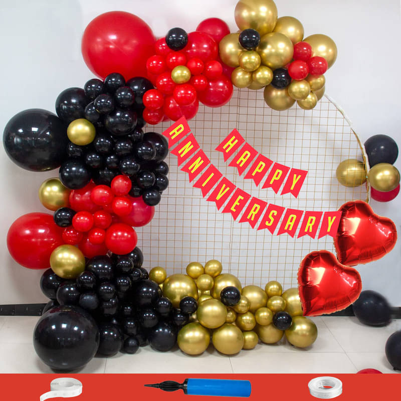 CRAZYKART Happy Anniversary Decoration Items Kit Combo For Wedding Party Decoration Pack Of 83 Pcs Red Black Gold CRAZYKART Happy Anniversary Decoration Items Kit Combo For Wedding Party Decoration Pack Of 83 Pcs Red Black Gold