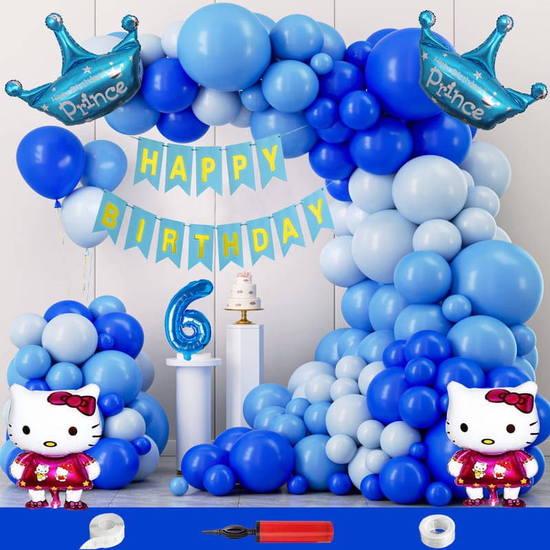 CRAZYKART Hello Kitty Prince Crown Theme Sixth 6th Birthday Decoration Items For Boys Party Decoration Kit Balloon Combo Pack Of 109 Pcs Blue CRAZYKART Hello Kitty Prince Crown Theme Sixth 6th Birthday Decoration Items For Boys Party Decoration Kit Balloon Combo Pack Of 109 Pcs Blue