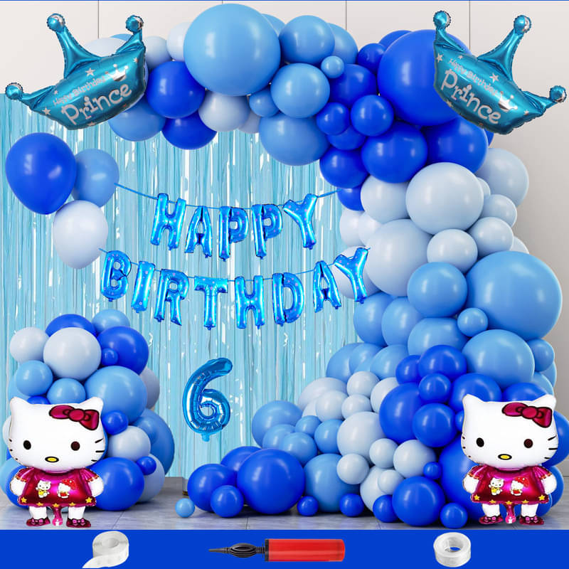 CRAZYKART Hello Kitty Prince Crown Theme Sixth 6th Birthday Decoration Items For Boys Party Decoration Kit Balloon Combo Pack Of 111 Pcs Blue CRAZYKART Hello Kitty Prince Crown Theme Sixth 6th Birthday Decoration Items For Boys Party Decoration Kit Balloon Combo Pack Of 111 Pcs Blue