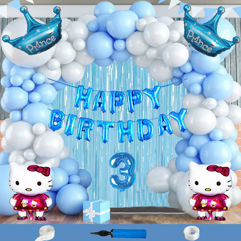 CRAZYKART Hello Kitty Prince Crown Theme Third 3rd Birthday Decoration Items For Boys Party Decoration Kit Balloon Combo Pack Of 111 Pcs Blue     			CRAZYKART Hello Kitty Prince Crown Theme Third 3rd Birthday Decoration Items For Boys Party Decoration Kit Balloon Combo Pack Of 111 Pcs Blue