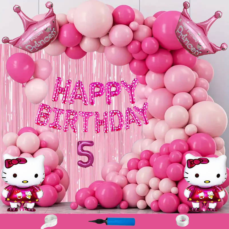CRAZYKART Hello Kitty Princess Crown Theme Fifth 5th Birthday Decoration Items For Girls Party Decoration Kit Balloon Combo Pack Of 111 Pcs Pink CRAZYKART Hello Kitty Princess Crown Theme Fifth 5th Birthday Decoration Items For Girls Party Decoration Kit Balloon Combo Pack Of 111 Pcs Pink