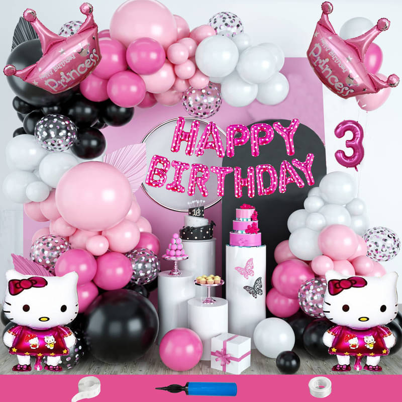     			CRAZYKART Hello Kitty Princess Crown Theme Third 3rd Birthday Decoration Items For Girls Party Decoration Kit Balloon Combo Pack Of 114 Pcs Pink