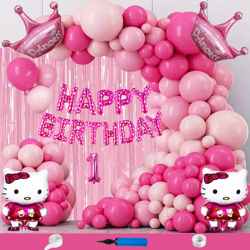 CRAZYKART Hello Kitty Princess Crown Theme First 1st Birthday Decoration Items For Girls Party Decoration Kit Balloon Combo Pack Of 111 Pcs Pink     			CRAZYKART Hello Kitty Princess Crown Theme First 1st Birthday Decoration Items For Girls Party Decoration Kit Balloon Combo Pack Of 111 Pcs Pink