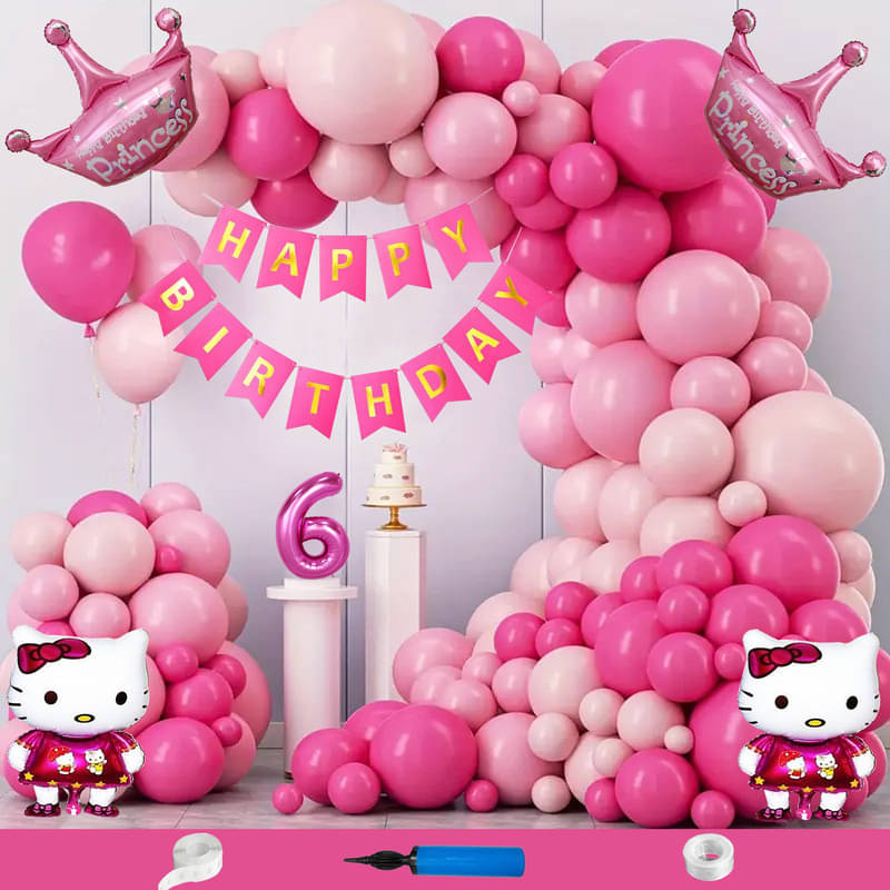     			CRAZYKART Hello Kitty Princess Crown Theme Sixth 6th Birthday Decoration Items For Girls Party Decoration Kit Balloon Combo Pack Of 109 Pcs Pink