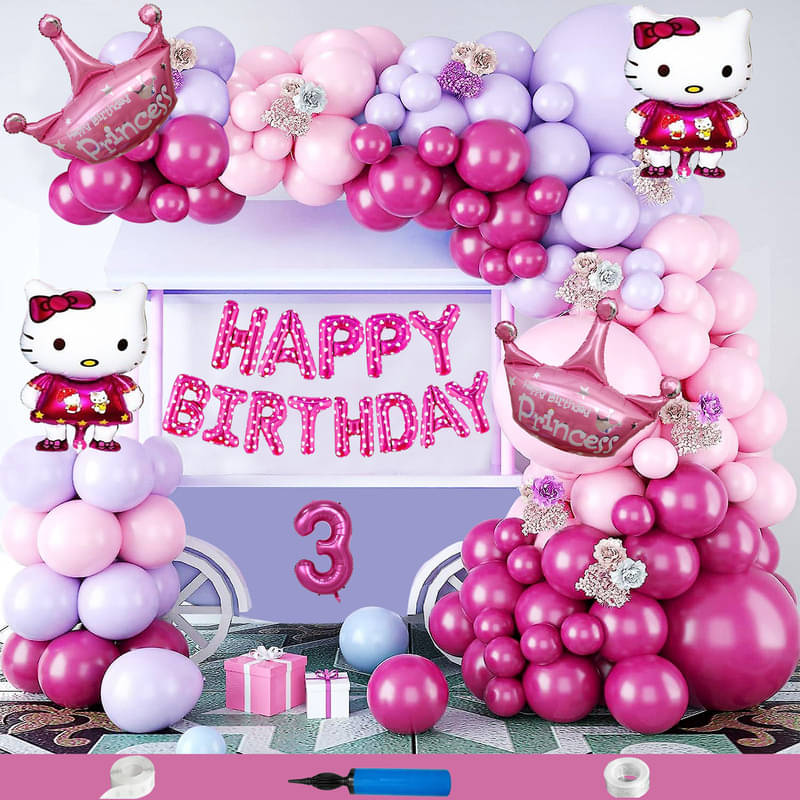     			CRAZYKART Hello Kitty Princess Crown Theme Third 3rd Birthday Decoration Items For Girls Party Decoration Kit Balloon Combo Pack Of 84 Pcs Pink