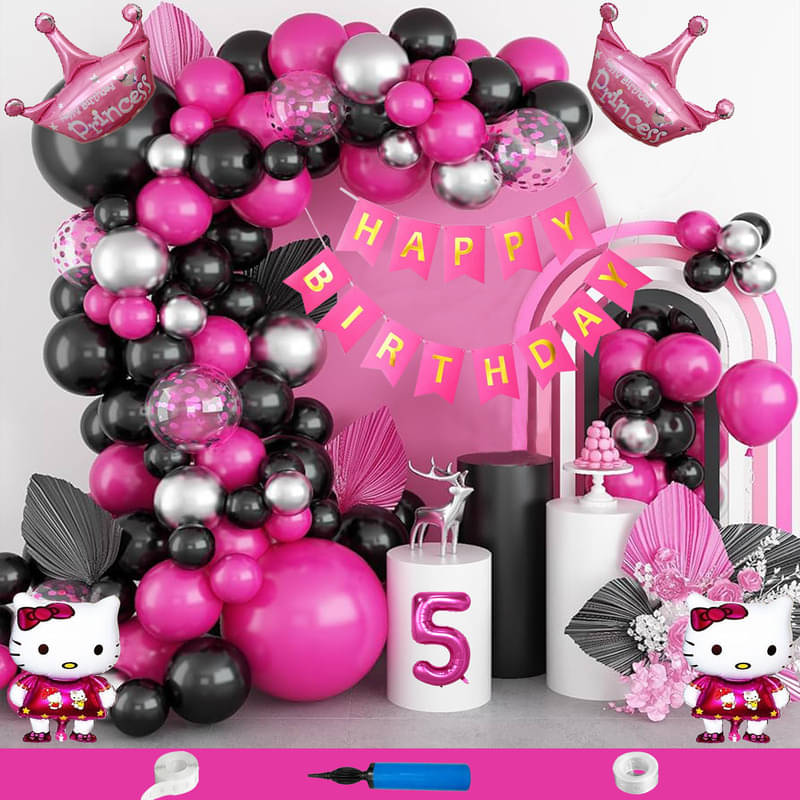 CRAZYKART Hello Kitty Princess Crown Theme Fifth 5th Birthday Decoration Items For Girls Party Decoration Kit Balloon Combo Pack Of 89 Pcs Pink CRAZYKART Hello Kitty Princess Crown Theme Fifth 5th Birthday Decoration Items For Girls Party Decoration Kit Balloon Combo Pack Of 89 Pcs Pink