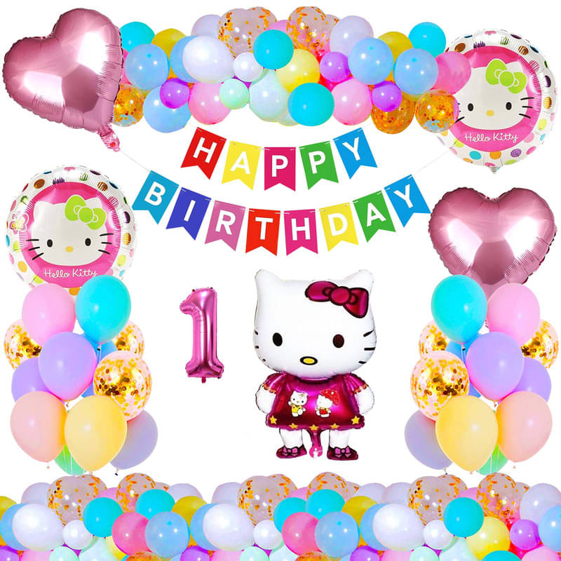     			CRAZYKART Hello Kitty Theme First 1st Birthday Decoration Items For Girls Party Decoration Kit Balloon Combo Pack Of 37 Pcs Pink
