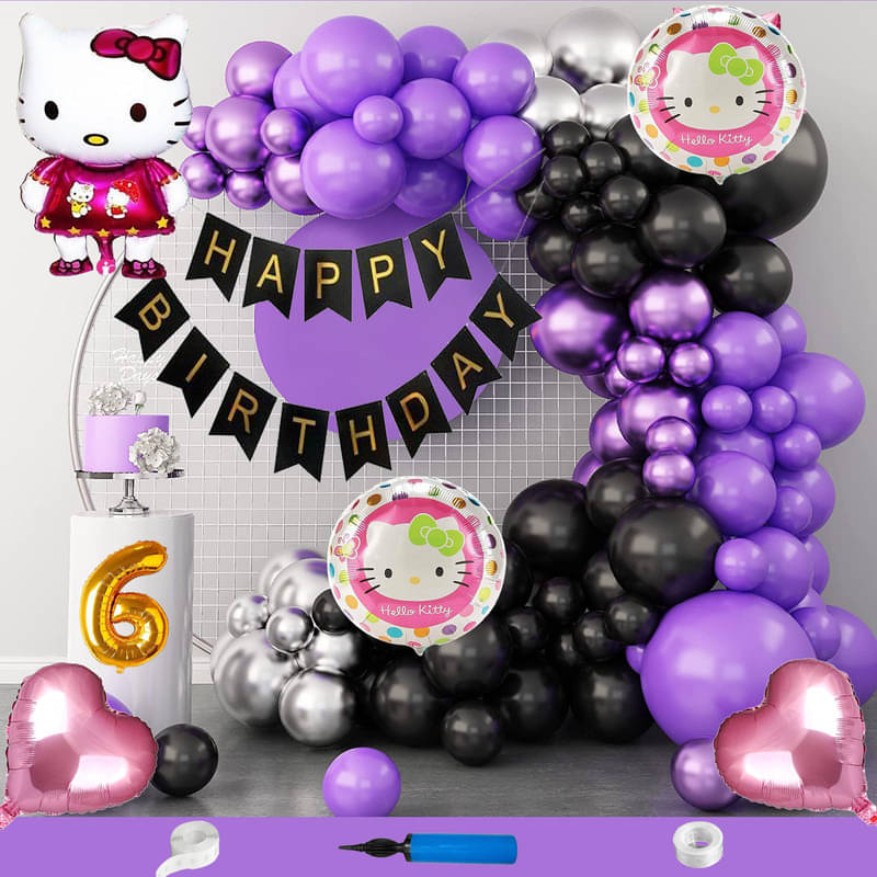     			CRAZYKART Hello Kitty Theme Sixth 6th Birthday Decoration Items For Girls Party Decoration Kit Balloon Combo Pack Of 110 Pcs Purple