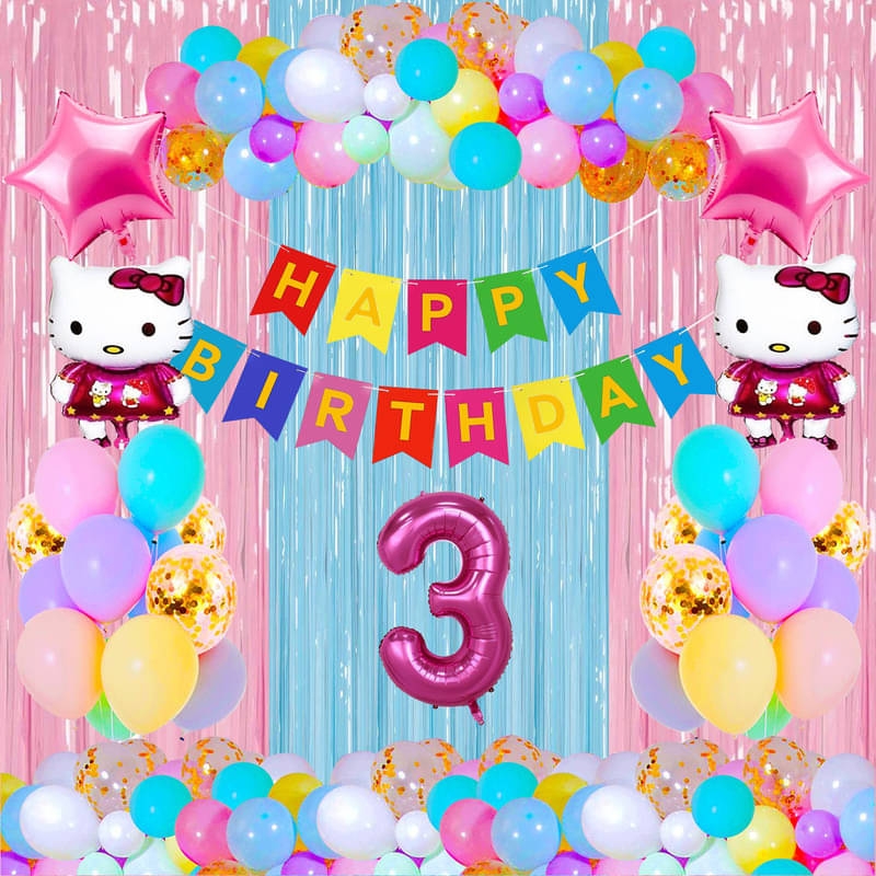     			CRAZYKART Hello Kitty Theme Third 3rd Birthday Decoration Items For Girls Party Decoration Kit Balloon Combo Pack Of 39 Pcs Pink