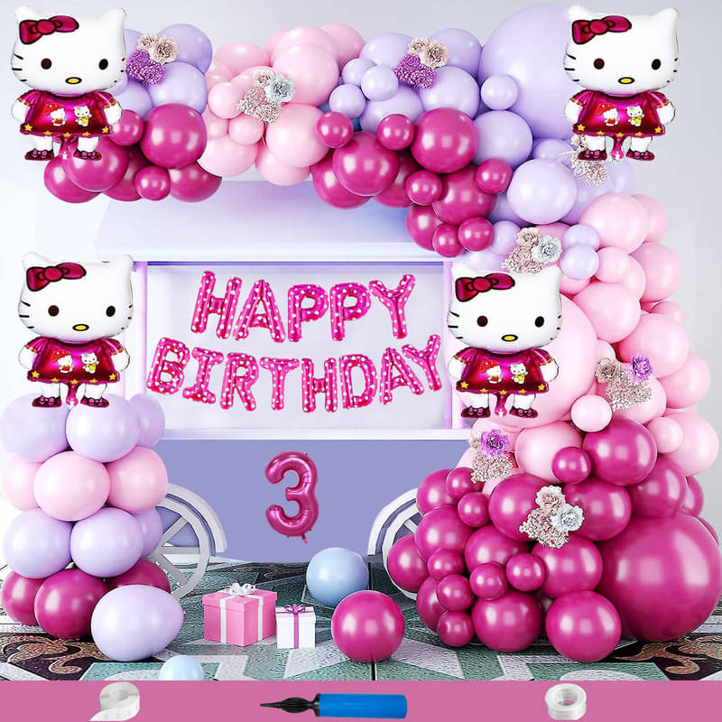     			CRAZYKART Hello Kitty Theme Third 3rd Birthday Decoration Items For Girls Party Decoration Kit Balloon Combo Pack Of 84 Pcs Pink