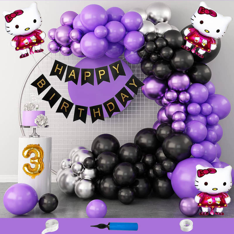     			CRAZYKART Hello Kitty Theme Third 3rd Birthday Decoration Items For Girls Party Decoration Kit Balloon Combo Pack Of 108 Pcs Purple