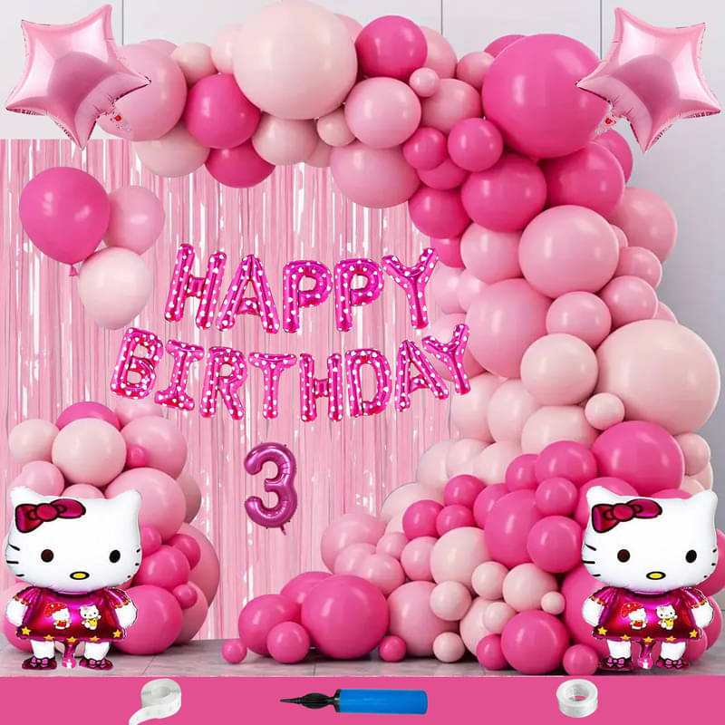 CRAZYKART Hello Kitty Theme Third 3rd Birthday Decoration Items For Girls Party Decoration Kit Balloon Combo Pack Of 111 Pcs Pink     			CRAZYKART Hello Kitty Theme Third 3rd Birthday Decoration Items For Girls Party Decoration Kit Balloon Combo Pack Of 111 Pcs Pink