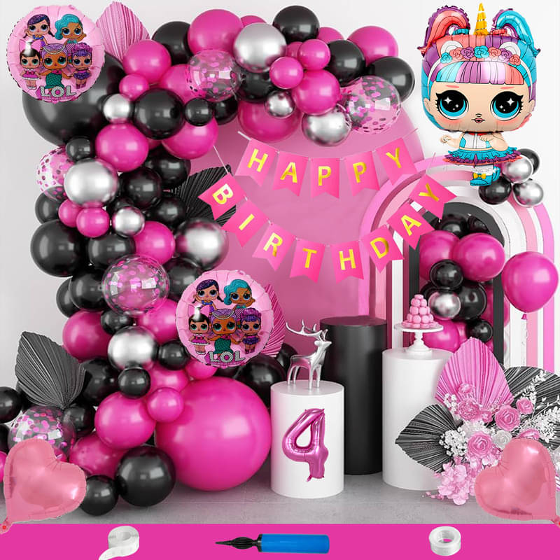 CRAZYKART Lol Doll Theme Fourth 4th Birthday Decoration Items For Girls Party Decoration Kit Balloon Combo Pack Of 90 Pcs Pink     			CRAZYKART Lol Doll Theme Fourth 4th Birthday Decoration Items For Girls Party Decoration Kit Balloon Combo Pack Of 90 Pcs Pink
