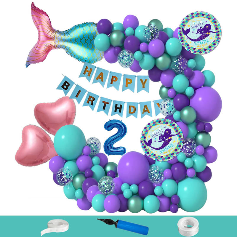 CRAZYKART Mermaid Tail Theme Second 2nd Birthday Decoration Items For Girls Party Decoration Kit Balloon Combo Pack Of 110 Pcs Blue     			CRAZYKART Mermaid Tail Theme Second 2nd Birthday Decoration Items For Girls Party Decoration Kit Balloon Combo Pack Of 110 Pcs Blue