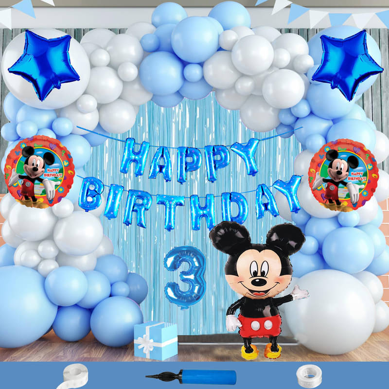     			CRAZYKART Mickey Mouse Theme Third 3rd Birthday Decoration Items For Boys Party Decoration Kit Balloon Combo Pack Of 112 Pcs Blue
