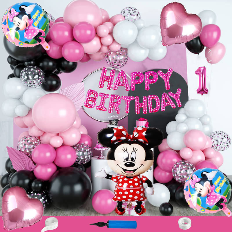 CRAZYKART Minnie Mouse Theme First 1st Birthday Decoration Items For Girls Party Decoration Kit Balloon Combo Pack Of 115 Pcs Pink     			CRAZYKART Minnie Mouse Theme First 1st Birthday Decoration Items For Girls Party Decoration Kit Balloon Combo Pack Of 115 Pcs Pink